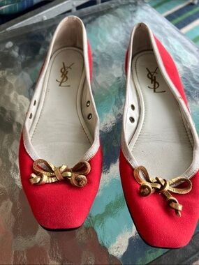Yves Saint Laurent Red Canvas Ballet Flats with Gold Bow Accents